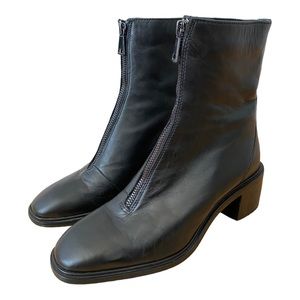 New Womens Zara Leather Zipper Front Block Heel Boots Size 37 EU Black